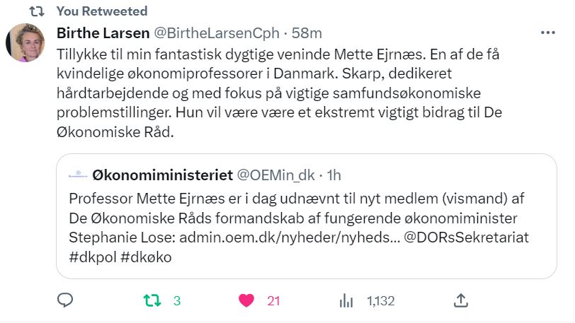 Birthe Larsens tweet om udnævnelsen af Mette Ejrnæs